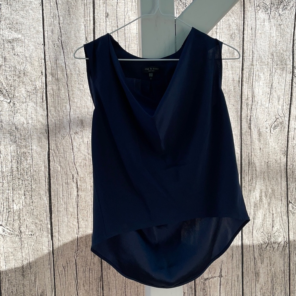 Rag & Bone navy silk drape front blouse XXS